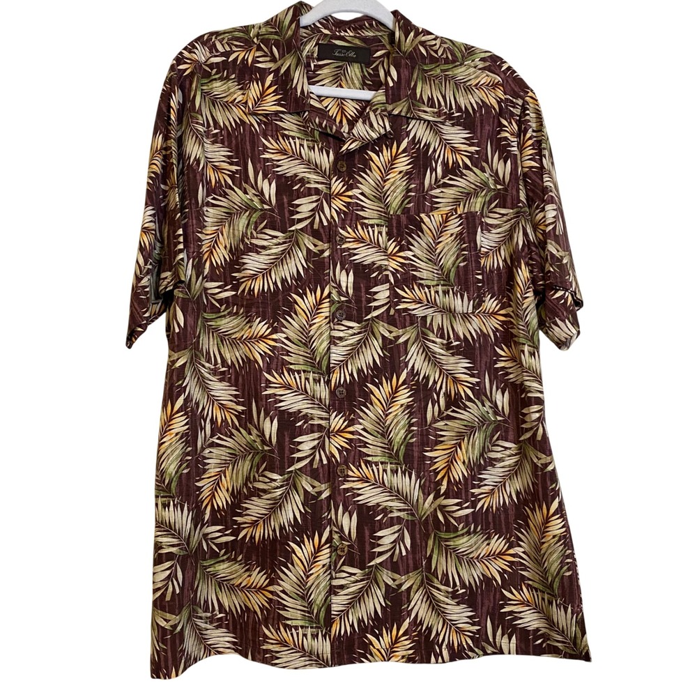 Tasso Elba Mens Large Tropical Palm Leaf Button Down Shirt Burgundy Green XL